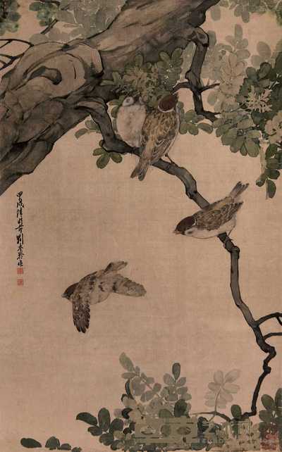 刘奎龄 甲戌(1934年)作 麻雀 镜心 58×33cm